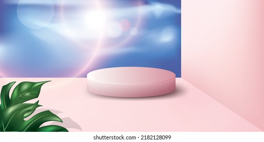 Vektorgrafik 3D rundes Podium mit rosafarbener Minimalwandszene für die Darstellung kosmetischer Produkte und hinter blauem, wunderschönem Himmel.