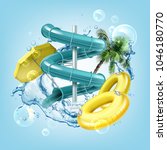 Vector illustration of 3d screw slides realistic waterpark pool aquapark aqua park splash beach umbrella bubbles and lifebuoy palm
