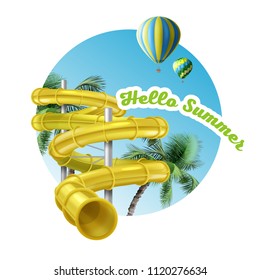 Vector illustration of 3d screw slides realistic waterpark pool aquapark aqua park splash beach umbrella bubbles and lifebuoy palm