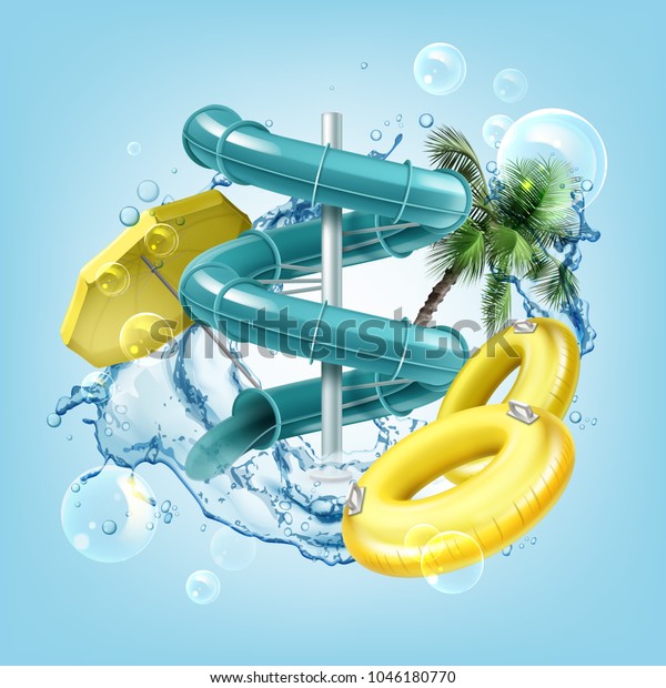 Vector illustration of 3d screw slides realistic\
waterpark pool aquapark aqua park splash beach umbrella bubbles and\
lifebuoy palm