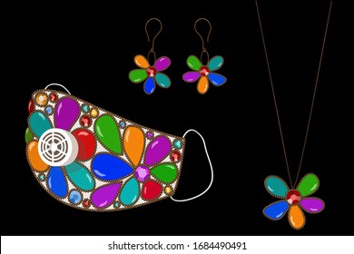 Vector Illustration Of 3D Set Of Pretty Floral Handmade Protective Mask With Earrings and Pendant Necklace For Your Design
