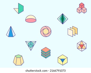 Vektorgrafik von 3D-Formen und geometrischen Elementen. Enthält z. B. Oktagon, Dreieck, Kreis, Hexagon, Abstrakte, Würfel und mehr. Flaches Illustrationsstilzeichnen und Hintergrundfarbe blau.