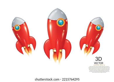 ilustración vectorial modelo de diseño de cohete rojo brillante 3D sobre el fondo blanco, uso para el concepto de negocios y tecnología de inicio. 