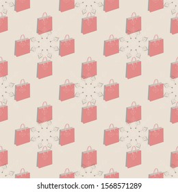 Vector illustration of 3d shopping bags and snowflakes in lilac, pink, coral and grey. Isolated from cream background. Abstract vector seamless pattern for posters, banners, shopping, marketing.