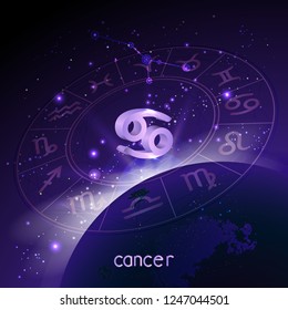 Vector illustration of 3D sign and constellation CANCER with Horoscope circle in perspective against the space background with sunrise and earth. Sacred symbols in purple colors.