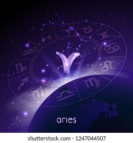 Vector illustration of 3D sign and constellation ARIES with Horoscope circle in perspective against the space background with sunrise and earth. Sacred symbols in purple colors.