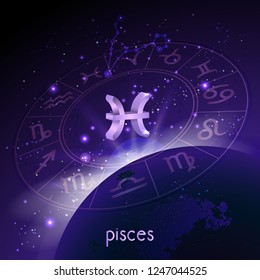 Vector illustration of 3D sign and constellation PISCES with Horoscope circle in perspective against the space background with sunrise and earth. Sacred symbols in purple colors.