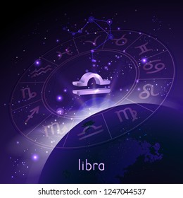 Vector illustration of 3D sign and constellation LIBRA with Horoscope circle in perspective against the space background with sunrise and earth. Sacred symbols in purple colors.