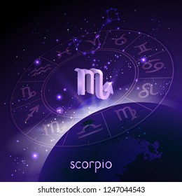 Vector illustration of 3D sign and constellation SCORPIO with Horoscope circle in perspective against the space background with sunrise and earth. Sacred symbols in purple colors.