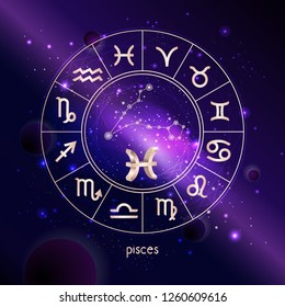 Vector illustration of 3D sign and constellation PISCES with Horoscope circle against the space background with galaxy. Sacred symbols in gold colors.