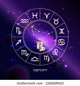 Vector illustration of 3D sign and constellation CAPRICORN with Horoscope circle against the space background with galaxy. Sacred symbols in gold colors.