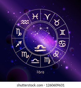 Vector illustration of 3D sign and constellation LIBRA with Horoscope circle against the space background with galaxy. Sacred symbols in gold colors.