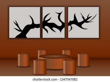 vector illustration 3d , simple interior concept wall decor and shape in the room , brown gradient , and free three frmae , blank 