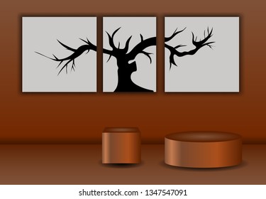 vector illustration 3d , simple interior concept wall decor and shape in the room , brown gradient , and free three frmae , blank 