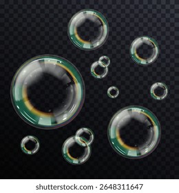 Vector illustration of 3D soap bubbles with realistic reflections. Perfect for shampoo ads, spa visuals, freshness concepts, hygiene promotions, baby care packaging, or background overlays.