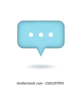Vector illustration. 3d social media notification, speech bubble with three white dots. Rectangular blue button  isolated on white background.