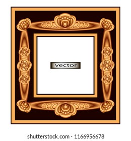 Vector illustration of 3D square Frame in Baroque gold from twisted gilded elements on a dark brown wood background.