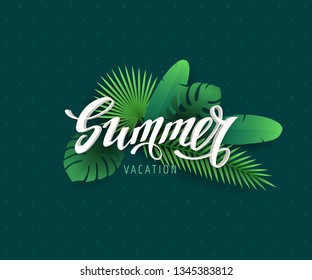 Vector illustration with 3D text Summer and tropical plants in paper cut style (leaves of palm, banana, monstera, borassus) on dark green background. Origami exotic floral decor for travel design.