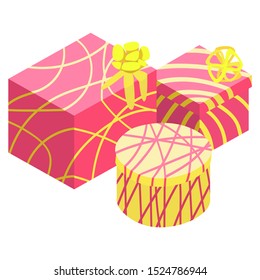 Vector illustration in 3D of three gift boxes in shades of pink and yellow.