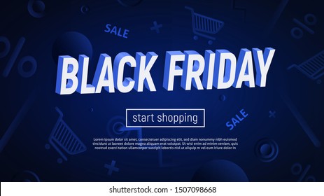 Vector illustration with 3d title on textured background. Dark blue backdrop with 3d shaper in motion. Black Friday sale banner.