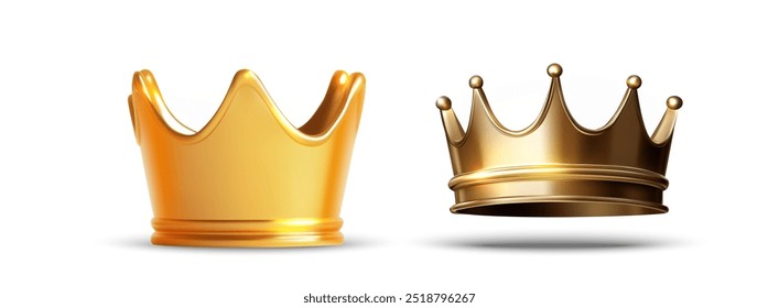 Vector illustration of  3D two golden crowns, one solid and the other more detailed. These crowns symbolize luxury, royalty, and achievement, perfect for design projects related to status.