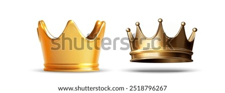 Vector illustration of  3D two golden crowns, one solid and the other more detailed. These crowns symbolize luxury, royalty, and achievement, perfect for design projects related to status.