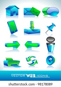 Vector illustration of 3D, web 2.0 mail icons set in green and blue color. Can be used for websites, web applications. email applications or server Icons