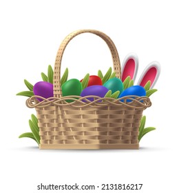 Vector illustration of 3D wicker basket with painted Easter eggs and bunny ears in grass. Isolated volumetric realistic template for greeting card, banner. Colorful background