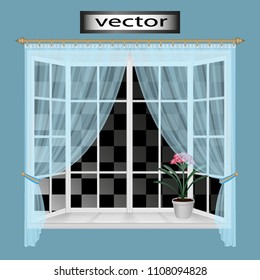 Vector illustration of 3D window in niche, veranda, with white flower frame on windowsill and light transparent curtains frame template for panorama or landscape, wall decor