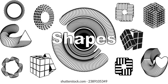 Vector illustration with 3d wireframe models. Psychedelic techno style concept. Y2K