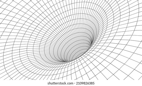 
Ilustración vectorial de un túnel de alambre 3D. Modelo de agujero de gusano de malla que representa el tejido del espacio y el tiempo.
