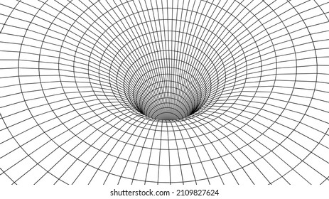 
Ilustración vectorial de un túnel de alambre 3D. Modelo de agujero de gusano de malla que representa el tejido del espacio y el tiempo.
