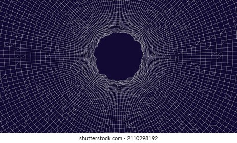 Vector illustration of a 3D wireframe tunnel. Mesh wormhole model representing fabric of space and time.