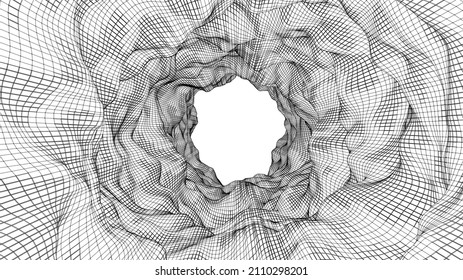 Vector illustration of a 3D wireframe tunnel. Mesh wormhole model representing fabric of space and time.