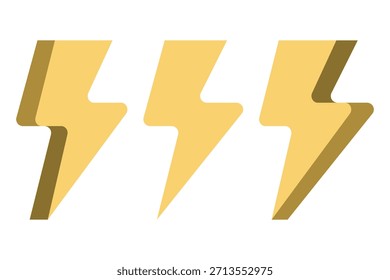 Vector illustration of a 3D yellow lightning sign, symbolizing electrical energy, charging, danger, and power in a clean minimalist design.