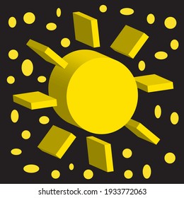 vector illustration, 3D yellow sun on black background.