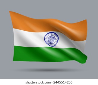 Vector illustration of 3D-style flag of India isolated on light background. Created using gradient meshes, EPS 10 vector design element from world collection