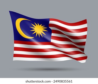 Vector illustration of 3D-style flag of Malaysia isolated on light background. Created using gradient meshes, EPS 10 vector design element from world collection
