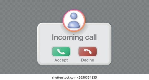 Vector illustration of a 3D-style incoming call popup interface with a circular avatar and two buttons — accept (green) and decline (red). Realistic soft shadows and rounded elements on transparent 