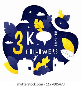 Vector illustration of 3k subscribers celebration banner with house, leaves and woman silhouettes. Hand drawing lettering composition for thanks design template.
