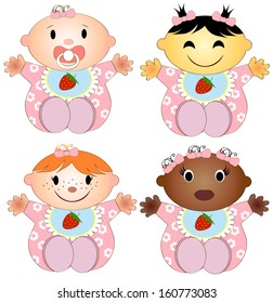 Vector Illustration 4 babies girl. Four children of the girl of different races isolated on a white background