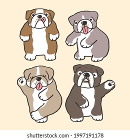 Vector Illustration of 4 Cartoon Bulldog Characters on Isolated Background