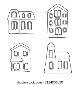 Vector illustration of 4 cartoon outline houses isolated on a white background. Coloring page, element for your design.