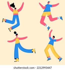 Vector illustration of 4 characters having fun. Two women and two men are jumping for joy. The concept of achievement, victory.