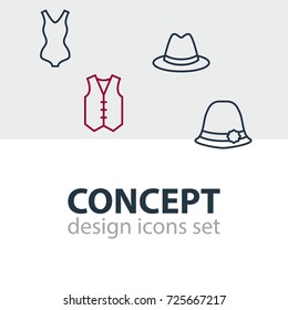 Vector Illustration Of 4 Clothes Icons. Editable Pack Of Panama, Waistcoat, Swimwear And Other Elements.