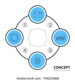 Vector Illustration Of 4 Computer Icons. Editable Pack Of Qwerty Board, Gamepad, Microprocessor And Other Elements.