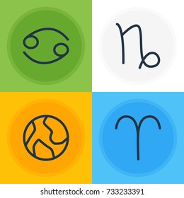 Vector Illustration Of 4 Constellation Icons. Editable Pack Of Crab, Ram, Planet And Other Elements.