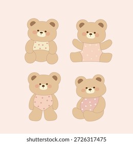 Vector, ilustración de 4 osos lindos con vestidos de lunares 