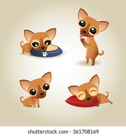 Vector Illustration of 4 cute chihuahua puppies: sleeping, eating and playing