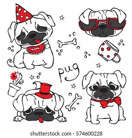 Vector illustration of 4 cute hand drawn pug